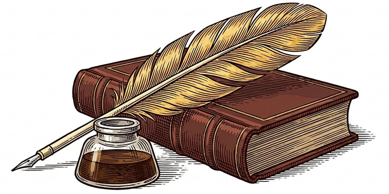 illustration of a quill, ink and book